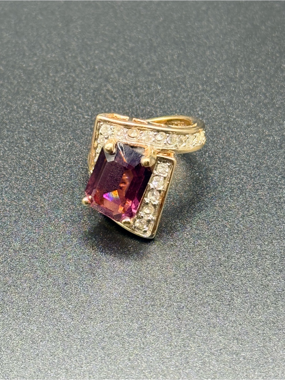 Gold-Tone Purple Stone emerald shape  with Clear Crystal Accents ring